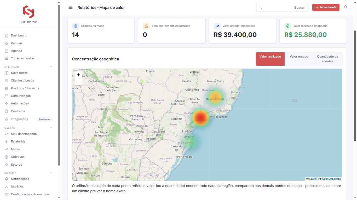 Mapa de calor com concentração geográfica de clientes